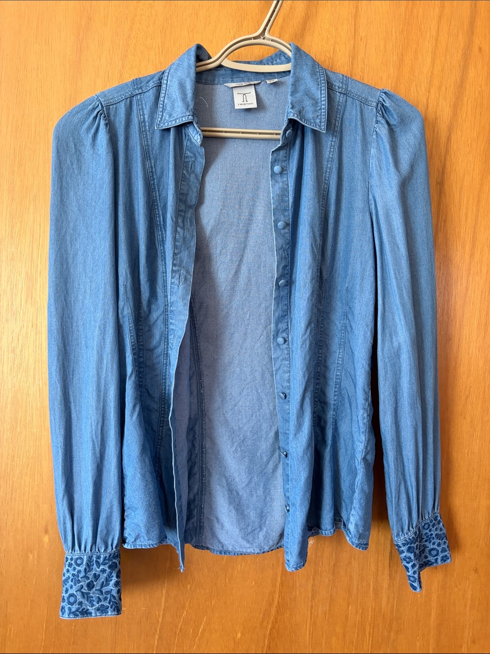 TRISTAN embellished cuffs light denim button down blouse